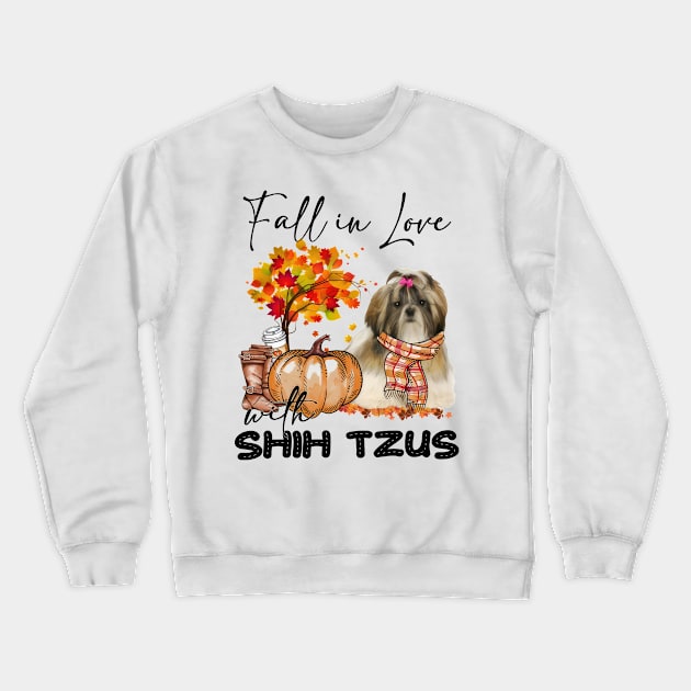 Fall In Love With Shih Tzus Fall Pumpkin Thanksgiving Crewneck Sweatshirt by Gearlds Leonia